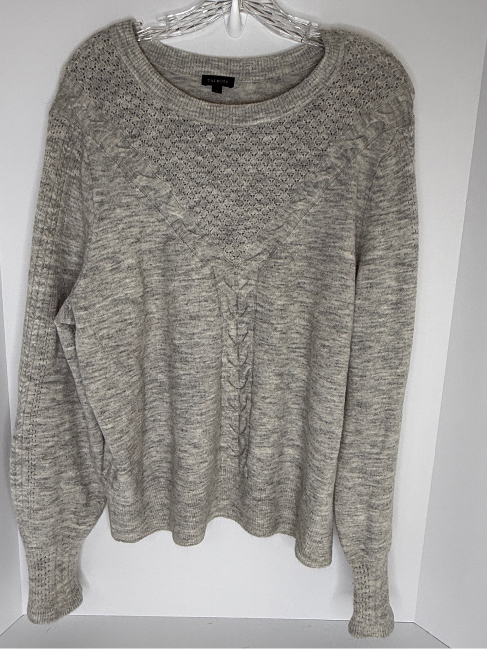 Talbots Light Heather Gray Cable & Lace-Trim Crewneck Sweater